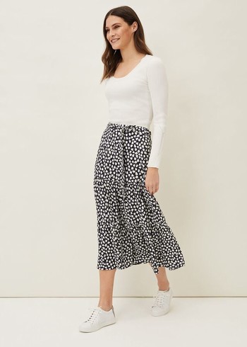 Phase Eight Tana Leaf Print Skirts Navy/White Australia | KC1064728